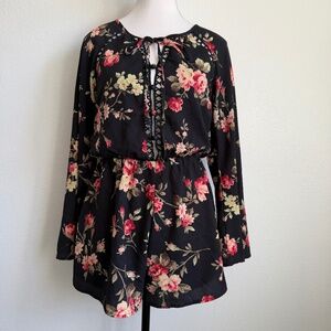 TRAC Long Sleeve Babydoll Boho Chic Feminine Corset Style Front Black Romper S